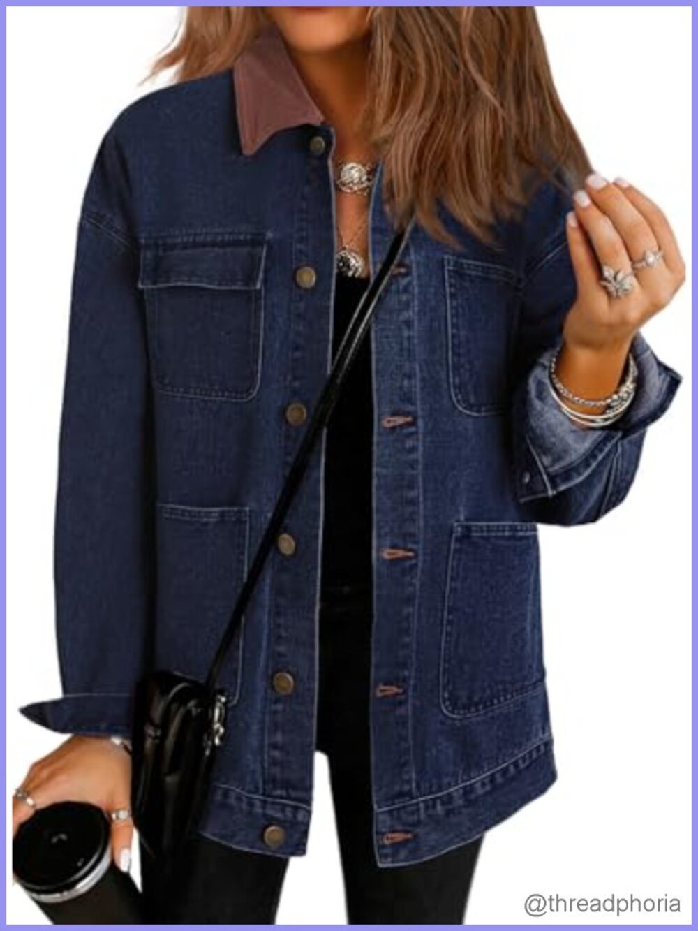 Dokotoo Denim Jacket Corduroy Collar Oversized Button Up Women's